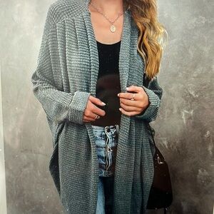 Waffle Knits Batwing Long Sleeve Cardigan Loose Open Front Sweater, DustyGreen M